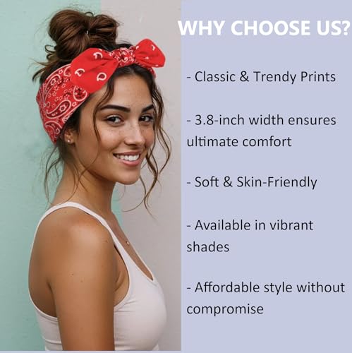 Boho Paisley Bandana Headbands for Women with Bow - 6 Pack