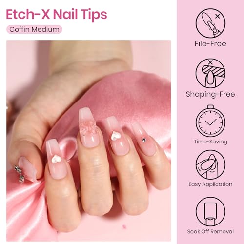 Beetles Coffin Medium Nail Tips 384pcs - Pre-Etched, No Shaping Needed, 12 Sizes