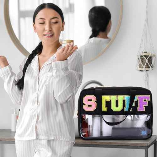 Pinkunn Large Stuff Bags with Handle Double Zippered Chenille Letter Stuff Bag Black Extra Large Clear Travel Pouch Waterproof Nylon Makeup Cosmetic Bag for Women Girls Travel Toiletry Supplies