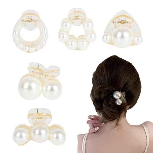 Pearl Hair Clips for Women, Small Hair Claw Clip Strong Hold,Mini Banana Jaw Clip Barrettes Nonslip,Hair Accessories Set Birthday Wedding Gift for Girl Thick Thin Curly Hair(5 PCS)