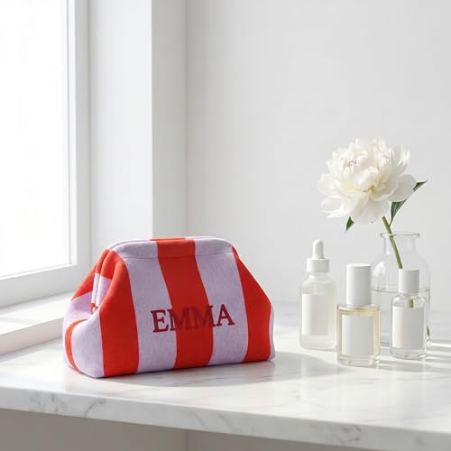 Personalized Striped Knit Makeup Bag - Large Capacity Toiletry Organizer