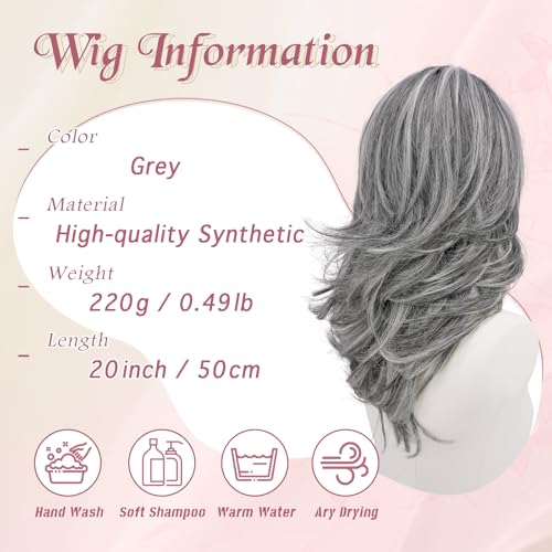 Haloo 20 Inch Grey Layered Wig with Curtain Bangs - Lace Front Synthetic Hair for Women