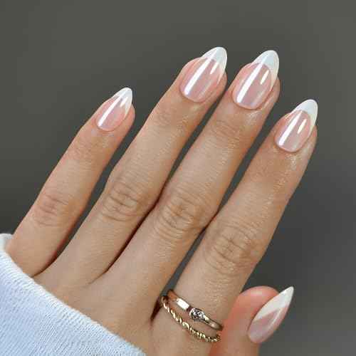 Press On Nails - Paris | French Tip, UV Finish Almond Nails, Reusable | 16 Sizes - 32 Nails in Kit with Glue (French Toast)