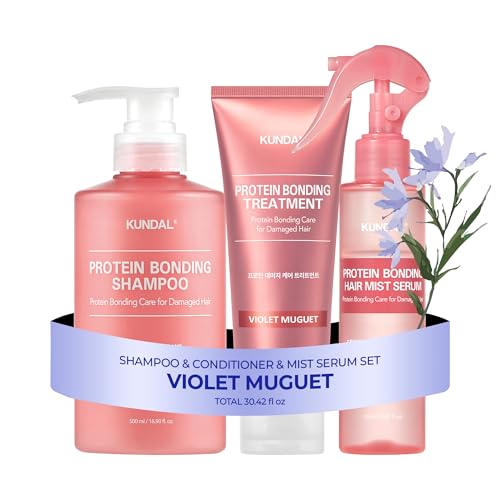 KUNDAL Protein Bonding Violet Muguet Shampoo & Conditioner Set with Hair Serum & Mist – Damage Repair & Heat Protection