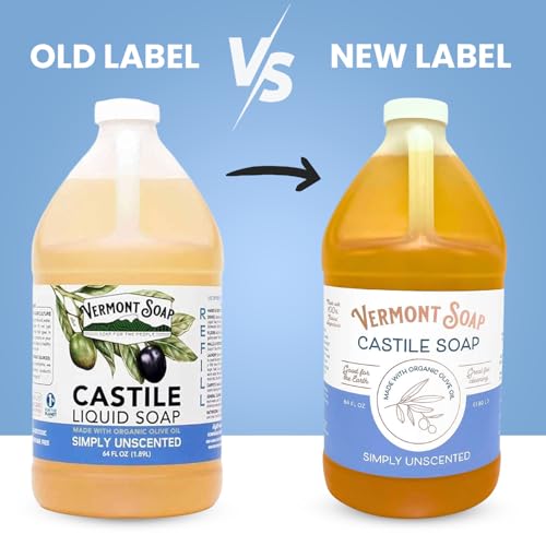 Vermont Castile Soap Unscented, Gentle Liquid Soap for Sensitive Skin & Natural Body Wash, Organic Hair Shampoo for Oily Hair, Aloe Castile Soap for Men & Women - 64 Oz