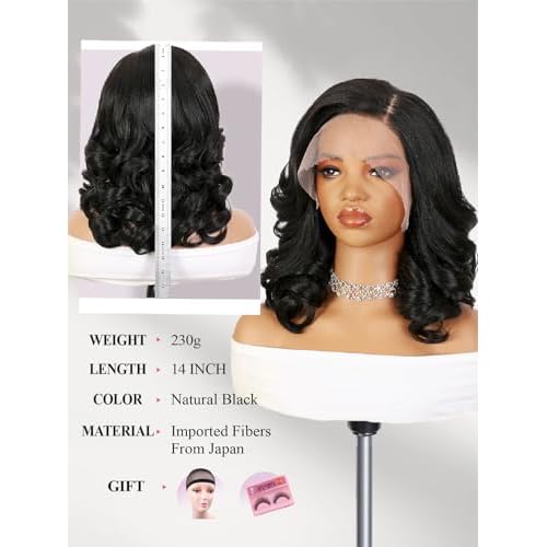 WIGER Short Lace Front Wig Pre Plucked Curly Bob Wig for Women Natural Lace Hairline Loose Wave Synthetic Wig for Daily Party Halloween (Nature Black)