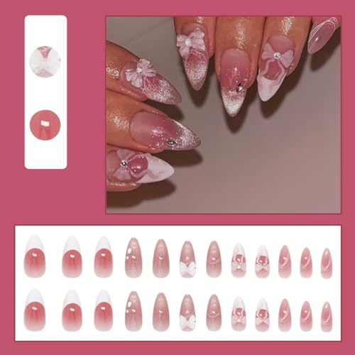 YIHONGYAN Almond Cat Eye Bow Nail Kit - French Press-On False Nails for Women, Blush Art Tips, 24Pcs
