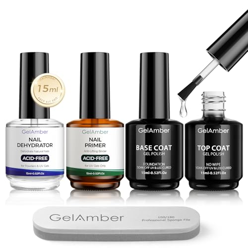GELAMBER 4Pcs Nail Primer, Dehydrator, Base & Top Coat Set with Nail File – Gel Nail Supplies