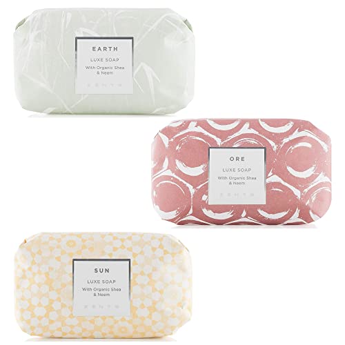 Zents Luxe Moisturizing Soap Bar Set (Earth, Ore, Sun) | Triple-Milled Shea Butter & Coconut Oil | Gentle Hand & Body Soap | Nourishes & Softens Skin | 5.7 oz (3 Bars)