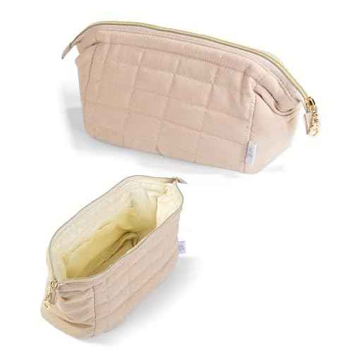 Ms. pen- Aesthetic Quilted Makeup Bag for Women, Beige, Puffy Padded Cute Makeup Bag Cute, Cosmetic Pouch, Quilted Pouch
