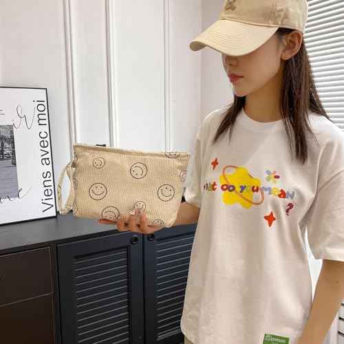 Small Cosmetic Bag set for Women Corduroy Makeup Bag with Interior Pocketes Cute Corduroy Makeup Pouches Women Small Toiletry Bag (Beige Smile)