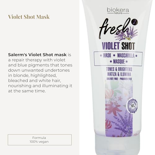 SALERM - Purple Mask - Biokera Fresh Violet Shot Mask - 200 ml - For Blonde, Gray, Highlighted, or Bleached Hair - Helps Neutralize Yellow Tones - Enhances Shine
