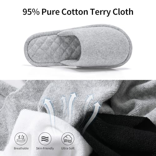 3 Pairs Closed-Toe Cotton Terry House Slippers, Comfortable Washable Indoor Slippers for Women, Portable Foldable for Guest, Travel, Hotel and Spa