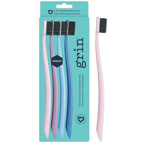 Grin Extra Soft Toothbrushes for Adults ? Travel Toothbrush with Charcoal Infused Bristles ? Manual Full Mouth Brush Head for Whitening & Gum Care ? 4 Count (1 Pack Set)