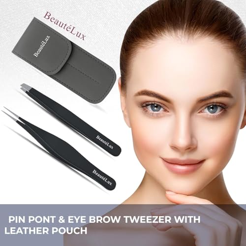 Precision Tweezer Set ? Slant & Pointed Tip Stainless Steel Eyebrow Tweezers with Leather Pouch, Professional Hair Removal for Ingrown Hair, Chin, Splinter & Blackhead