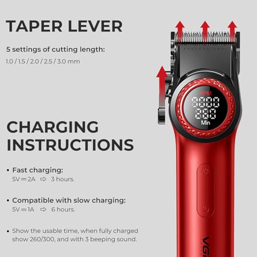 VGR Professional Hair Clippers for Men - Red, Cordless, 21 Speed, Rechargeable