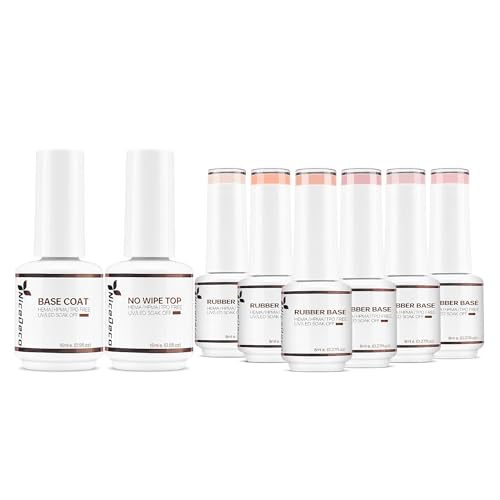 Nicedeco No Wipe Gel Top Coat and Base Coat, 6 Pcs Rubber Base Gel Polish for Nails