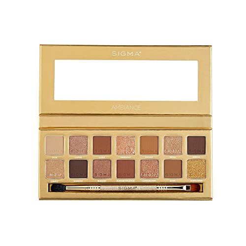 Sigma Beauty Ambiance Eyeshadow Palette – Luminous Neutral and Gold Glitter Eyeshadow Palette, Includes Mirror, Eyeshadow Applicator, and 14 Eye Makeup Shades in Warm Matte, Shimmer, & Metallic