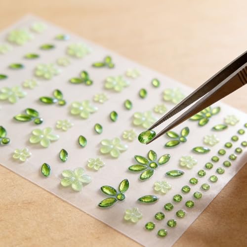 Green Flower Face Gems Stickers - Self-Adhesive Rhinestone Decals