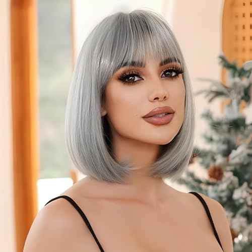 Svolna Short Bob Wig with Bangs, Grey Synthetic Straight Hair Wigs for Women, 14 Inch Cosplay Costume Bob Wig (grey#)