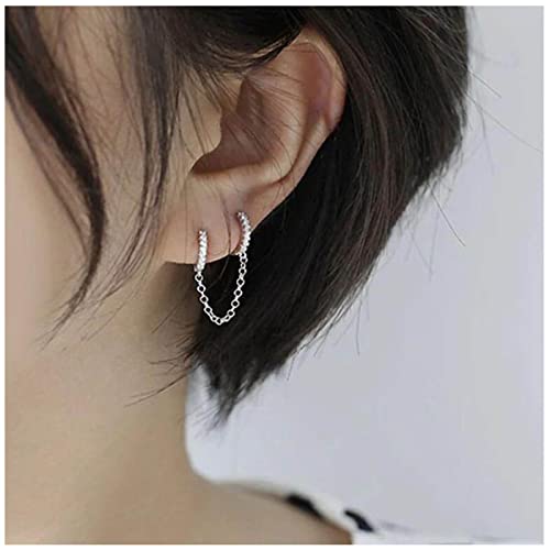 Boho Double Chain Hoop Earrings Silver Cz Hoop Chain Earrings Punk Dangle Chain Earrings Rhinestone Huggies Earrings Jewelry for Women Gifts (Silver)