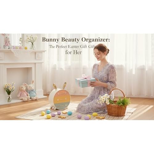 Makeup Organizer and Storage for Perfumes Cosmetics Jewelry,Easter Bunny Box for Countertop, skincare Cabinet Bins 3 draws Stackable Vanity Organizer for Dresser and Bathroom Countertop(Golden Ear)