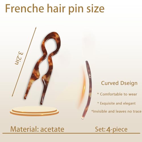 French Hair Pins for Buns & Updos - 4 Pack Acetate Clips