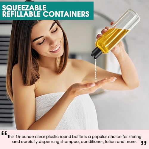 16 oz Clear Plastic Empty Bottles with Black Disc Top Caps, 12 Pcs Squeezable Refillable Shampoo Bottles Travel Cosmetic Containers for Lotions, Body Soap Cream