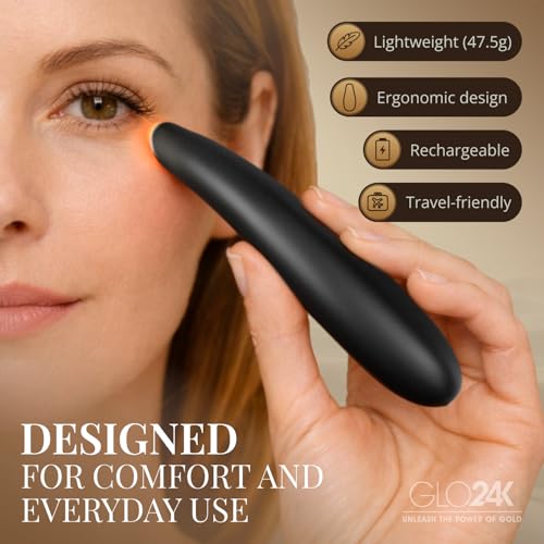 GLO24K Heated Eye Wand & Eye Massager Tool ? Gentle Warmth & Vibration for Smoother-Looking Skin, Refreshing Under-Eyes Massage, Portable Beauty Device