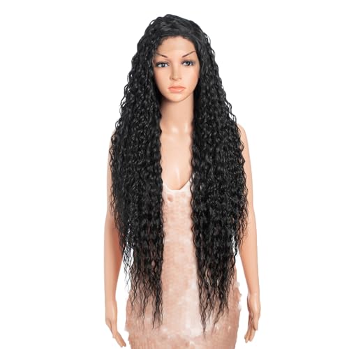Style Icon 36¡±Super Long Curly Wig C-Shaped Side Part Lace Wig Afro Baby Hair Synthetic Black Wigs(36 inches, 1B)