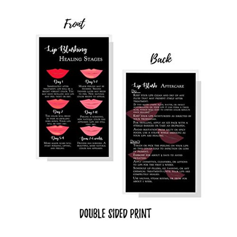 Boutique Marketing LLC Lip Blush Stages of Healing & Aftercare Instructions Cards | Package of 50 | Double Sided Size 2 x 3.5 inches Business Card | Black with Red Lips Design