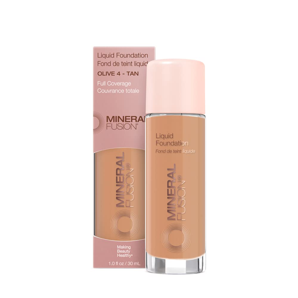 Mineral Fusion Full Coverage Foundation, Liquid Foundation - Olive 4- Med to Tan Complexion w/Olive/Green Undertones, Lightweight Matte Finish, Up to 12 Hr Hydration, Hypoallergenic & Vegan, 1 fl. oz