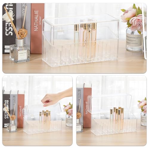ELLDOO Rollerball Perfume Organizer, 24 Spaces Clear Acrylic Perfume Storage Holder Beauty Scent Holder, Makeup Lipgloss Lipstick Display Case with Lid