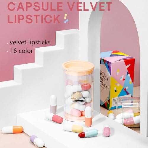 16 Pcs Mini Pills Lipstick Capsule Set, Waterproof Long Lasting Mini Matte Lipstick Set, Cute Capsule Velvet Matte Lipstick Set, Lipstick Bulk for Women