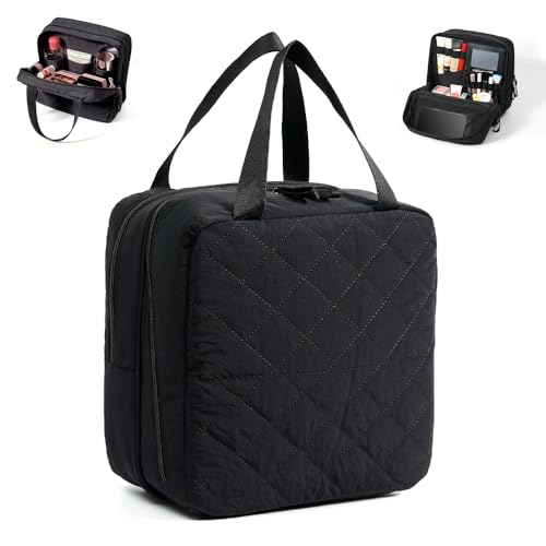 Geerlaqaly standing makeup bag, toiletry Bag 2-in-1 Women's Large Capacity Foldable Travel Makeup Storage Bag, Dry wet separation layer,Portable,black