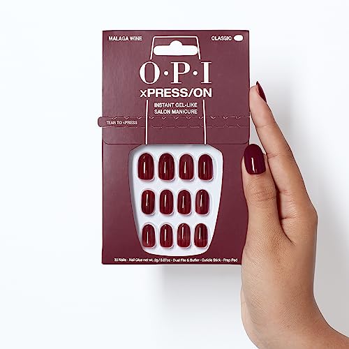 OPI xPRESS/ON Press On Nails, Up to 14 Days of Wear, Gel-Like Salon Manicure, Vegan, Sustainable Packaging, With Nail Glue, Short Red Nails, Malaga Wine