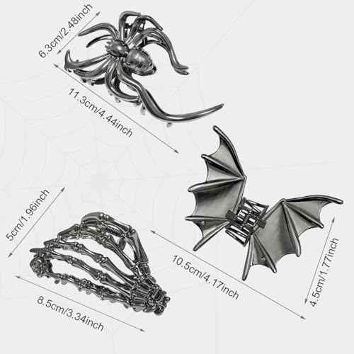 3 Pieces Large Metal Spider Net Bat Hand Hair Claw Clips for Women and Girls Thick Long Hair, Nonslip Skeleton Spooky Barrette Headband Hair Styling Accessories for Halloween Christmas Gifts