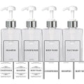 Empty Plastic Square Bottles Pump Shampoo Conditioner Body Wash Face, in Shower Bathroom Dispenser, Waterproof Permanent Labels, 27oz 800ml Set of 4 (Clear Plastic, Silver White Pump)