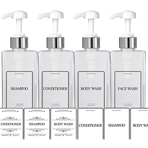 Empty Plastic Square Bottles Pump Shampoo Conditioner Body Wash Face, in Shower Bathroom Dispenser, Waterproof Permanent Labels, 27oz 800ml Set of 4 (Clear Plastic, Silver White Pump)