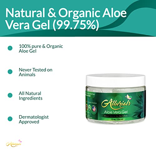 Allurials Pure Aloe Vera Gel 12 oz - Organic & Dermatologist Tested