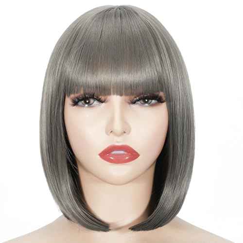 Svolna Short Bob Wig with Bangs, Grey Synthetic Straight Hair Wigs for Women, 14 Inch Cosplay Costume Bob Wig (grey#)