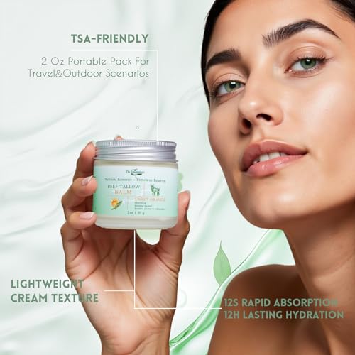 Beef Tallow for Face?Organic Grass Fed Tallow and Honey Balm for Dry & Wrinkled Skin Care, Revitalize Skin for Morning, 100% Natural, Hand Whipped, Deep Nourishing, Sweet Orange, 2 Oz.