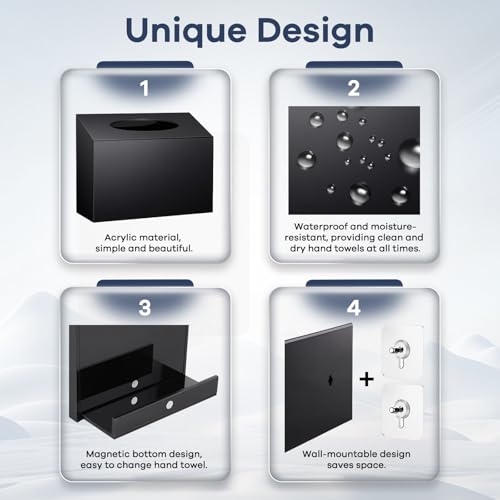 TAINESS Black Acrylic Hand Towel Box Cover for Kleenex – Wall-Mountable, Magnetic Bottom