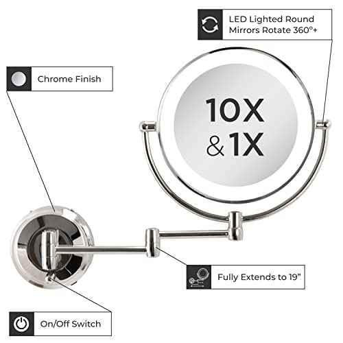 Zadro 11" LED Wall Mounted Makeup Mirror 10X/1X Shaving Mirror Plug in or Battery Operated Vanity Mirrors for Wall (Large | 10X/1X | 11" x 14.5", Chrome)