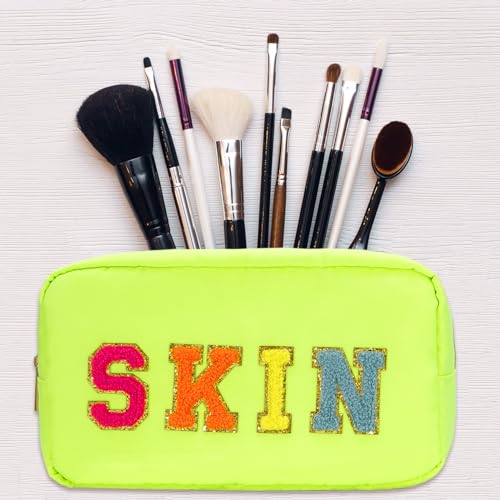 Whaline 4Pcs Preppy Nylon Cosmetic Bag Chenille Letter Makeup Organizer Bag Set Patches Toiletry Cosmetic Case Waterproof Zipper Cosmetic Pouch for Women (Neon Color,Skin,Stuff,Hair,Face)