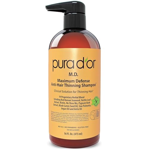 PURA D'OR MD Anti-Hair Thinning Shampoo w/ 0.5% Coal Tar, Biotin Shampoo (16oz) 19+ DHT Herbal Blend for Dry & Itchy Scalp, No Sulfates, For Men & Women (Packaging Varies)