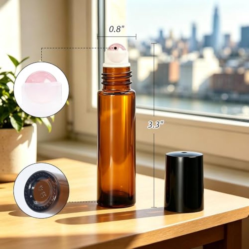 60 Pack Rose Quartz Essential Oil Roller Bottles - 10ml Amber Glass