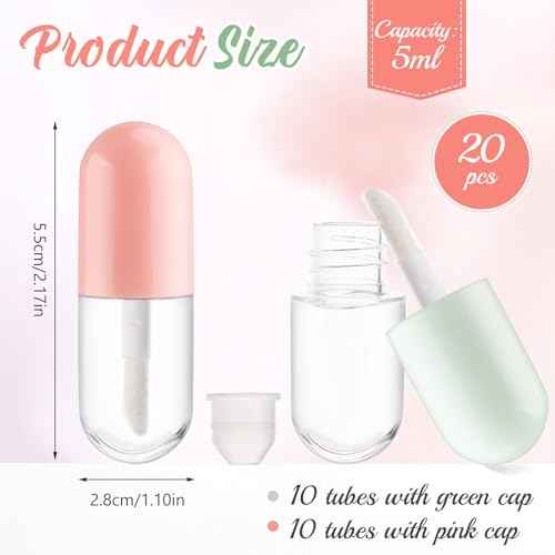 20pcs 5ml Mini Clear Plastic Lip Gloss Tubes Empty Capsule Shaped Lip Balm Bottle Travel Size Lipstick Tubes,DIY Lip Gloss Container Vials with Wand Brush,2Colors