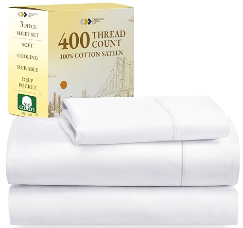 California Design Den Twin XL Sheets Set, Good Housekeeping Award Winner, 400 Thread Count Sateen, 100% Cotton Sheets, Soft Luxury 3 Pc Dorm Rooms & Adults Cooling Sheets Set (White Sheets)