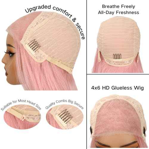 Pink Lace Front Wig for Women Pre-Plucked Pre Cut Glueless Long Straight Layered Synthetic Ready to Wear Wig 4x6 HD Lace for Girls Party Cosplay and Daily Use 26 Inch